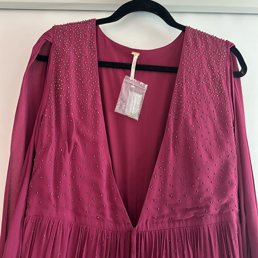 Free People Long Beaded Boho Burgundy Gown NWOT